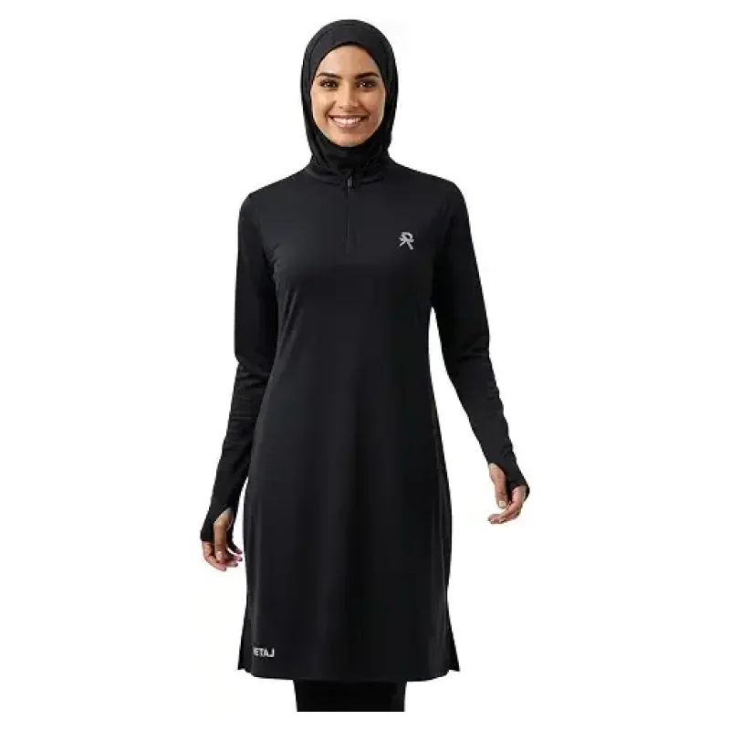 تونيك رياضي محتشم بغطاء رأس مدمج – أسود